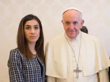 Nobel Peace Prize winner Nadia Murad meets with Pope Francis at the Vatican on Dec. 20, 2018.